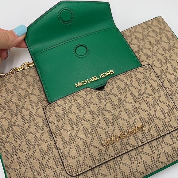 Michael Kors Jet Set LG 2 in 1 card case wristlet Wallet PALMETTO GREEN SIGNATUR - Picture 3 of 16